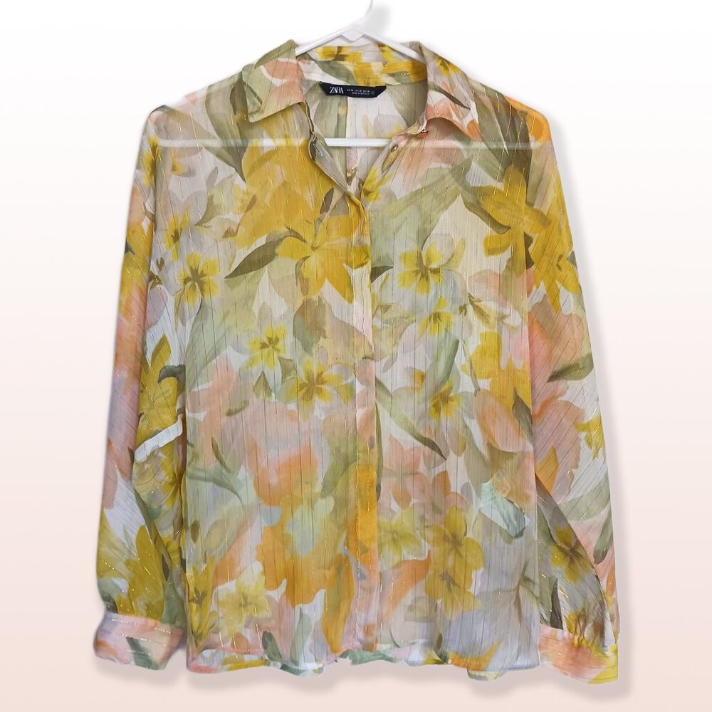 Zara Yellow Green Floral Sheer Button-Up Blouse Medium